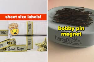 L: labels for bed sheets R: magnetic tray for bobby pins
