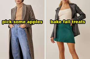 On the left, someone wearing high-waisted jeans, a turtleneck, and trench coat labeled pick some apples, and on the right, someone wearing a top, mini skirt, and leather jacket labeled bake fall treats