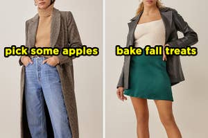 On the left, someone wearing high-waisted jeans, a turtleneck, and trench coat labeled pick some apples, and on the right, someone wearing a top, mini skirt, and leather jacket labeled bake fall treats