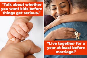 A baby's hand holding an adult hand, and a couple hugging