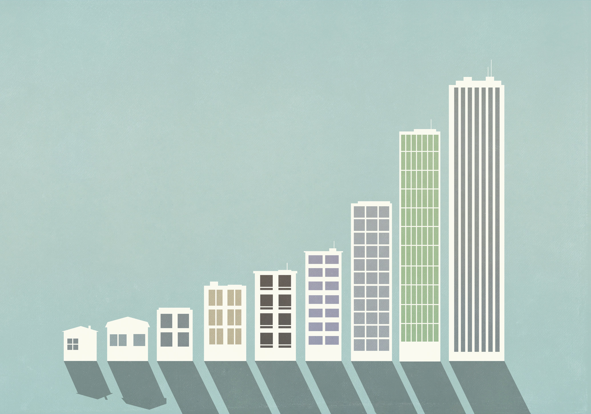 Bar graph made from a series of increasingly more expensive homes and buildings