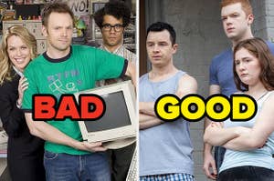 IT Crowd USA cast look down the camera and smile and the Shameless cast looks off into the distance in a TV still the caption is bad over the former and good over the latter