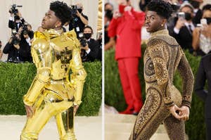 Lil Nas X poses by looking over his shoulder in a gold plated suit of armor and a glittery jump suit
