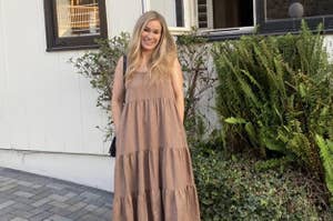 reviewer wearing the mushroom colored dress