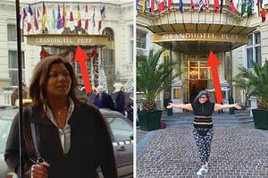 Queen Latifah is on the left with an arrow pointing at Grandhotel Pupp with a woman on the left in front of the same hotel