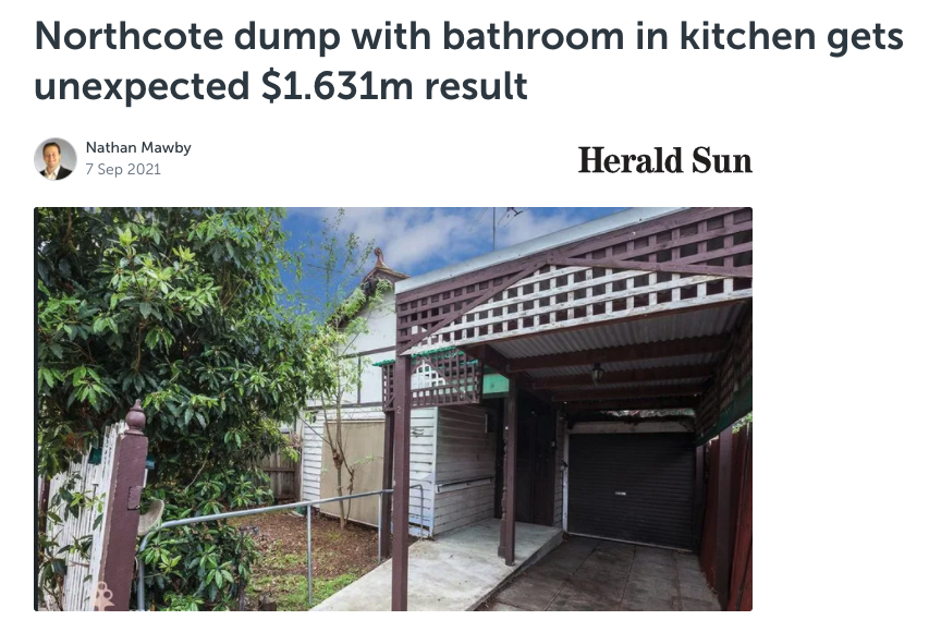 A headline saying &quot;Northcote dump with bathroom in kitchen gets unexpected $1.631m result&quot;