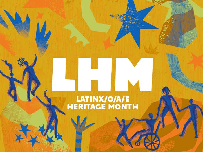 A banner for Latinx Heritage Month featuring little drawings of people, stars, and geometric shapes