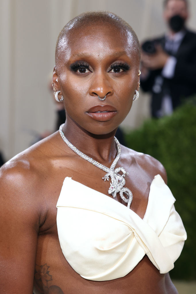 A close up of Cynthia Erivo as she shows off her dark makeup