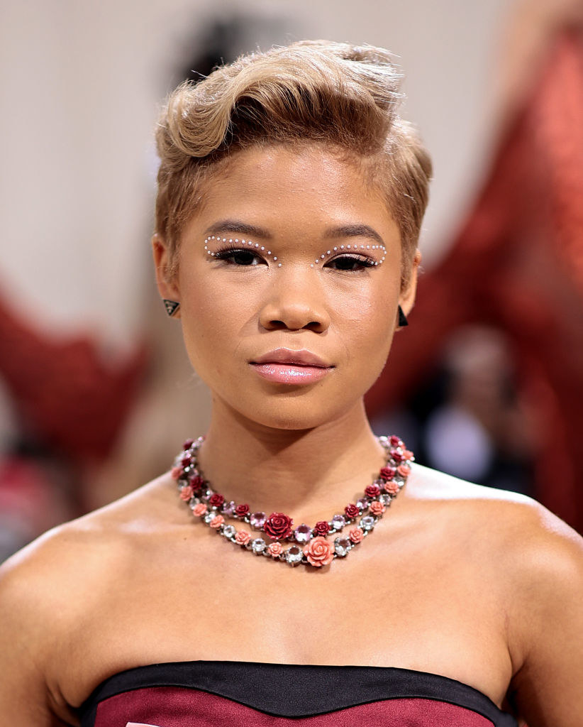 A close up of Storm Reid as she shows off her beaded eye makeup