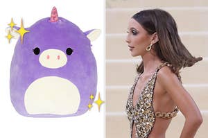 a purple unicorn squishmallow on the left and emma chamberlain at the met gala on the right