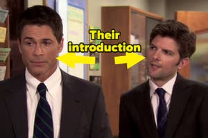 Chris and Ben from Parks and Rec with text saying, "Their introduction"