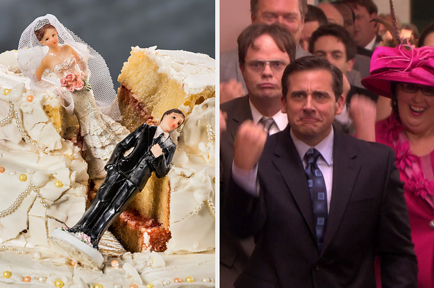 On the left, a smashed wedding cake with the bride and groom figurines in the middle, and on the right, Dwight, Phyllis, and Michael from The Office dance down the aisle at Jim and Pam's wedding