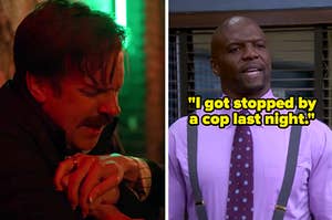Ted Lasso having a panic attack and Terry Jeffords saying, "I got stopped by a cop last night"