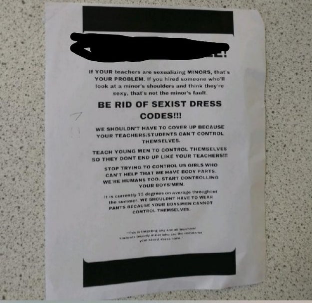A flyer that reads, &quot;Be rid of sexist dress codes! If your teachers are sexualizing minors, that&#x27;s your problem. If you hired someone who&#x27;ll look at a minor&#x27;s shoulders and think they&#x27;re sexy, that&#x27;s not the minor&#x27;s fault.&quot;