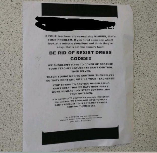 A flyer that reads, "Be rid of sexist dress codes! If your teachers are sexualizing minors, that's your problem. If you hired someone who'll look at a minor's shoulders and think they're sexy, that's not the minor's fault."