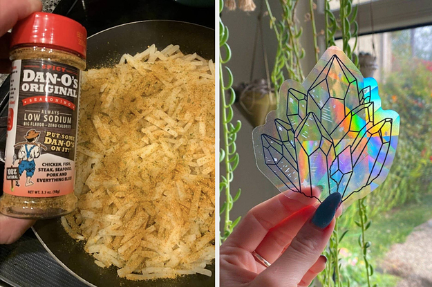 on left, low-sodium seasoning on fries. on right, hand holds reflective diamond sticker next to window