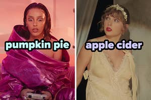 On the left, Doja Cat in the Kiss Me More music video labeled pumpkin pie, and on the right, Taylor Swift in the Willow music video labeled apple cider
