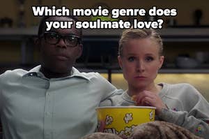 A couple is sitting on a table labeled, "Which movie genre does your soulmate love?"