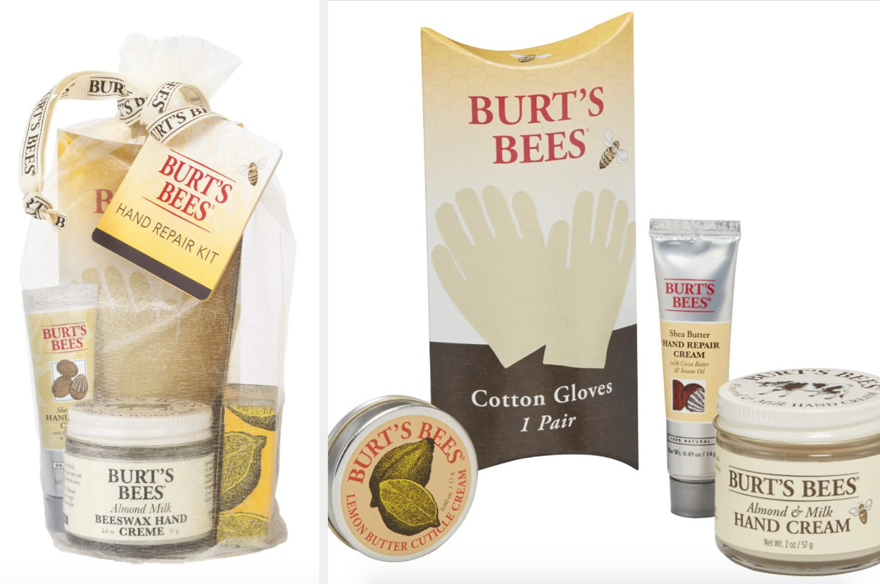 Burt&#x27;s Bees hand care products with cotton gloves and cream displayed for sale
