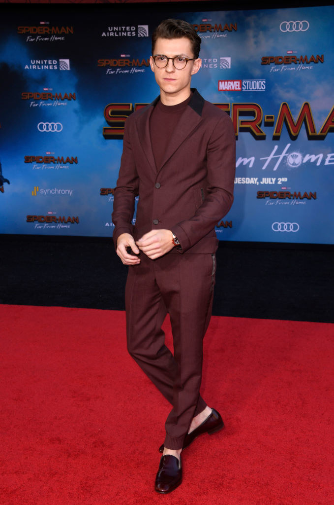 wine-colored monochrome suit and coordinating shoes