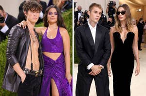 Shawn Mendes is shirtless under a leather jacket while Camila Cambello wears a sparkly long skirt and matching crop top. Justin Bieber wears a dark suit and Hailey Bieber wears a strapless dark gown