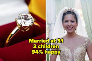 Ring and woman getting married in Crazy Rich Asians, and the words "married at 31, 2 children, 94% happy"
