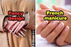 Nails are shown on the left labeled, "Fancy design" and on the right labeled, "French manicure"