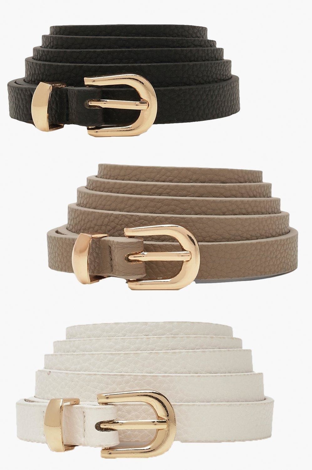 Two belts, one in black and one is beige with gold accents