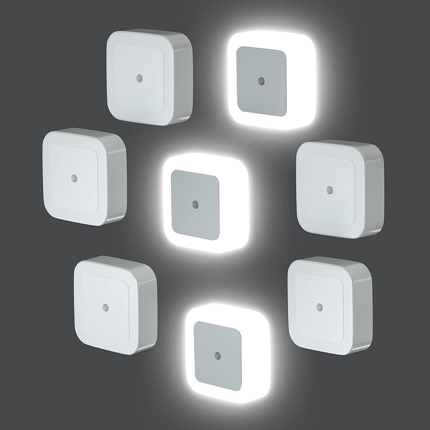 A set of flat square nightlights; three are turned on
