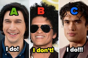 Adam Driver, Bruno Mars, and Charles Melton with "I do" and "I don't" written over them