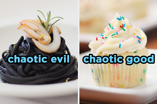 On the left, some squid ink pasta labeled chaotic evil, and on the right, a funfetti cupcake labeled chaotic good