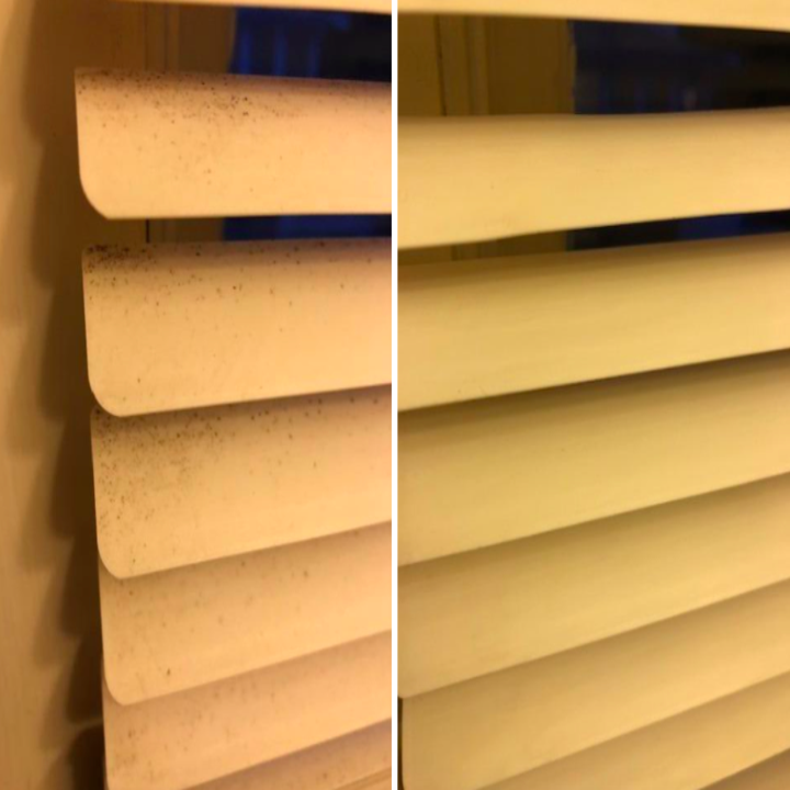 A customer review photo of their blinds before and after being cleaned