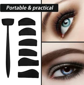 the eyeshadow stencil kit which has a handle like a brush and a removable stencil at the end  shaped like the arch eyeshadow would take on when on the eye. There are six total stencils with different shapes. 