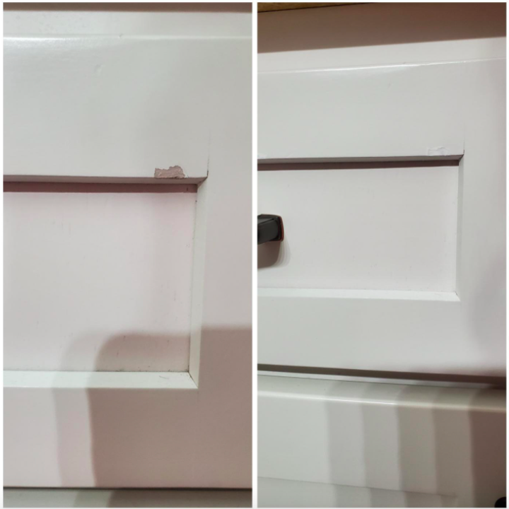 A customer review before and after photo of their dresser with a chip in the paint and then without it