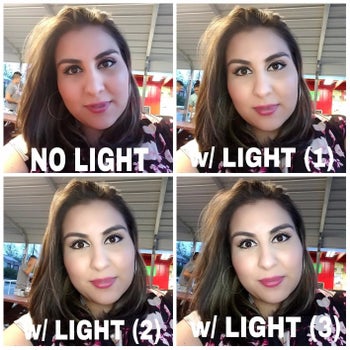top left to bottom right: reviewer's selfies showing gradual light increase around face after using the ring light