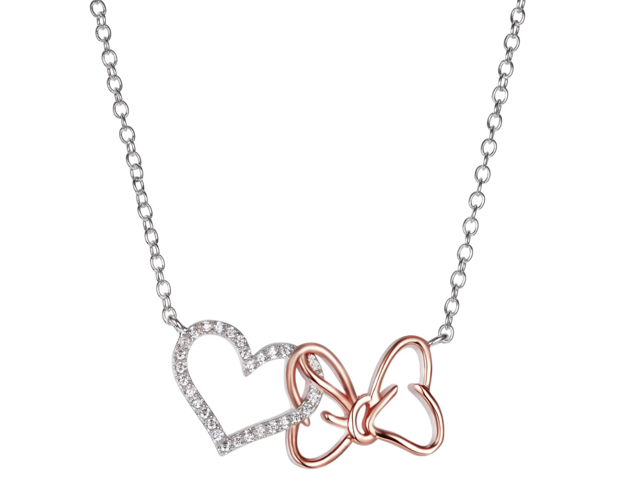 The silver heart and bow necklace, the heart has crystals on it and the bow is rose gold