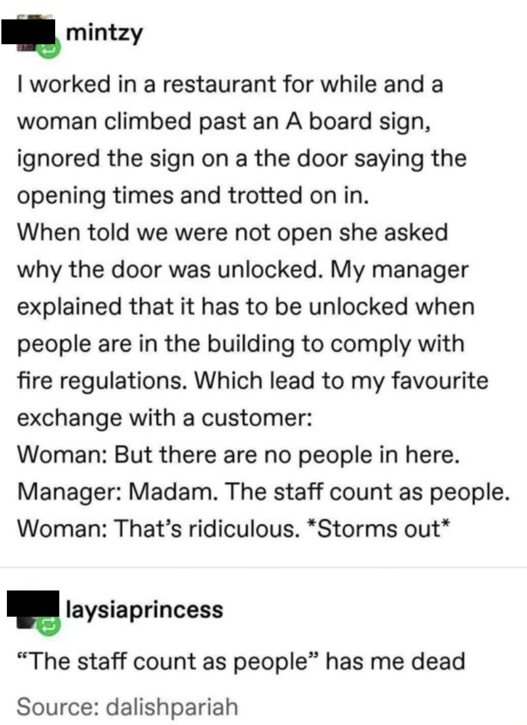 story about a customer who does not see staff as people