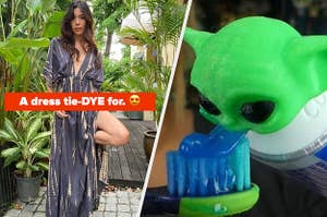 left side is the owner of a small boutique wearing one of her tie-die kimono dresses and the right is a baby yoda toothpaste topper with toothpaste coming from its mouth onto a toothbrush