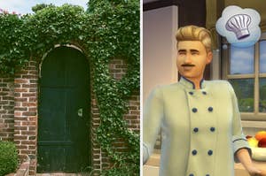 a green door on the left covered in vines and a sim chef on the right