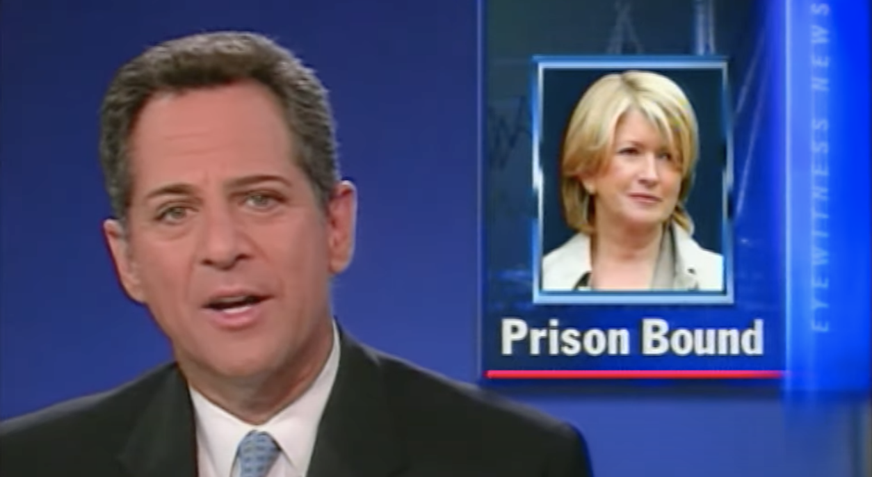 Martha Stewart shown on TV screen underneath caption: &quot;prison bound&quot;