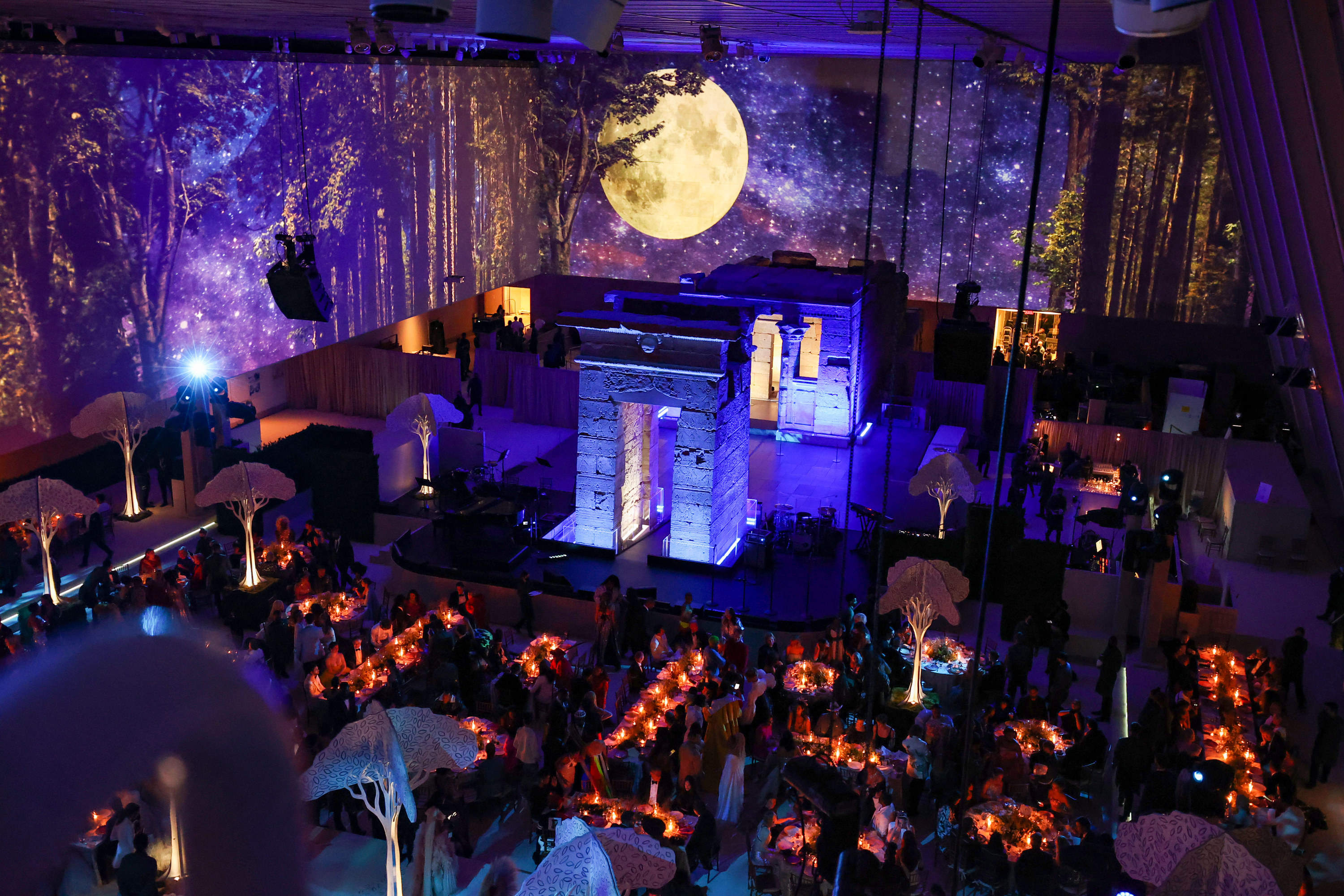 Decorated tables inside the Met Gala