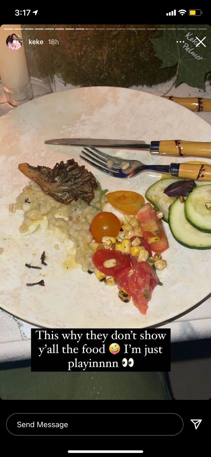 Her plate had the remnants of what looked like grape tomatoes, corn, cucumbers, and what looks like mushrooms