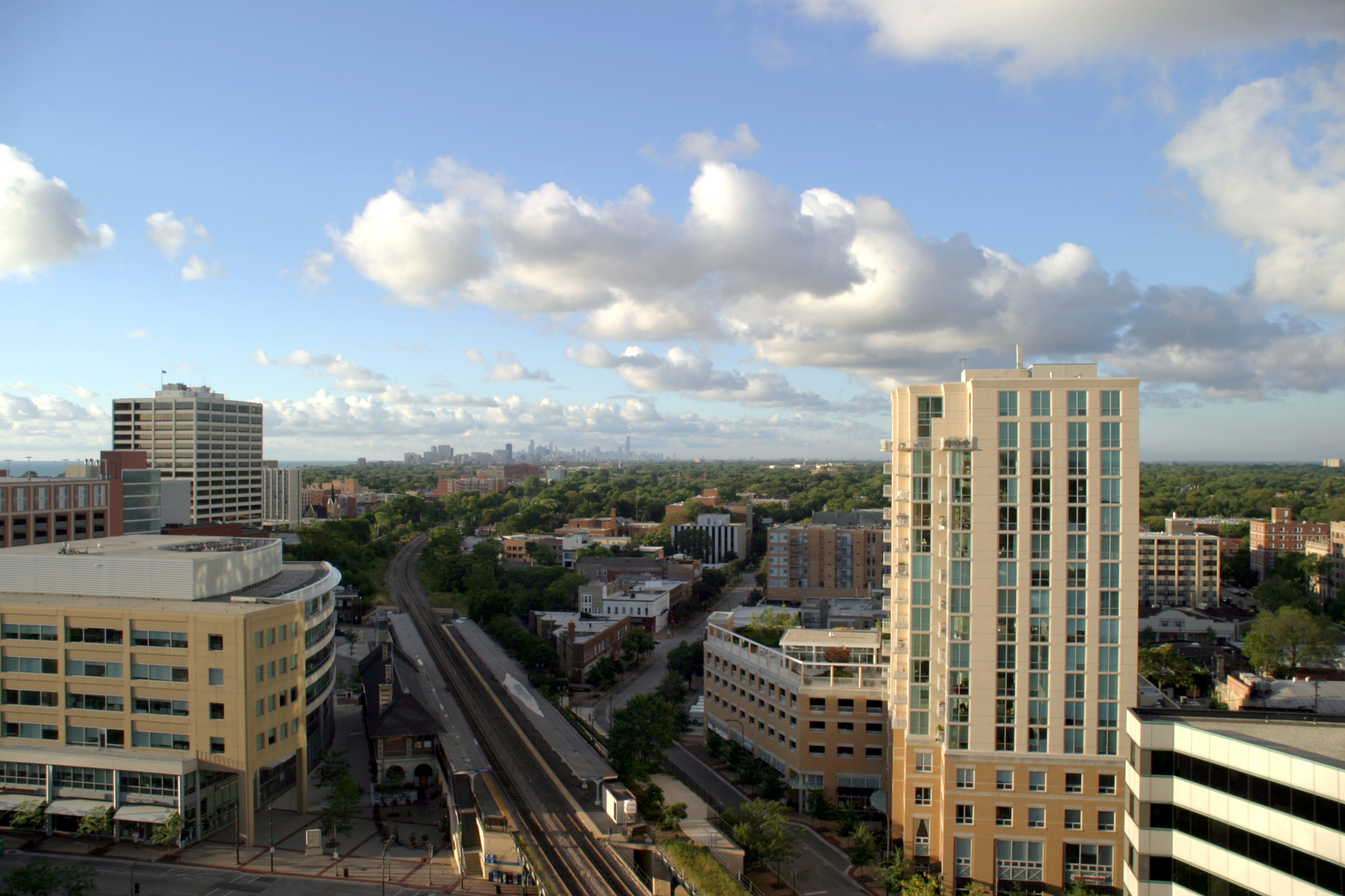 Downtown Evanston with the Chicago skyline in the distance