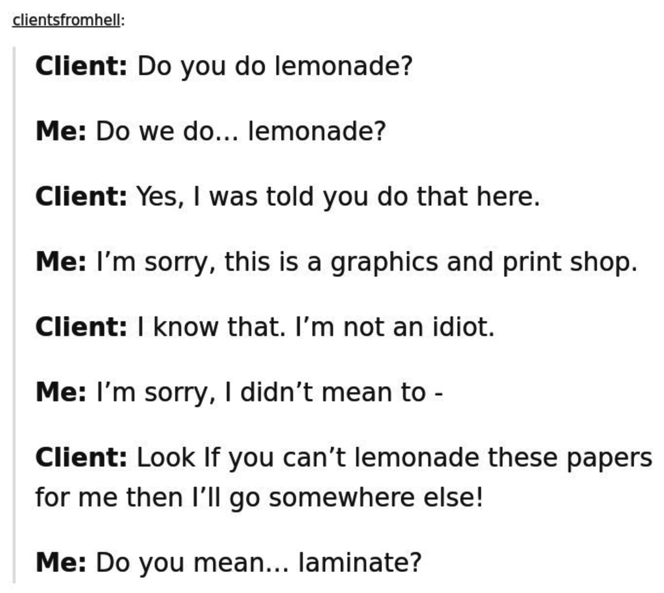 customer mixing up the words lemonade and lamiinate