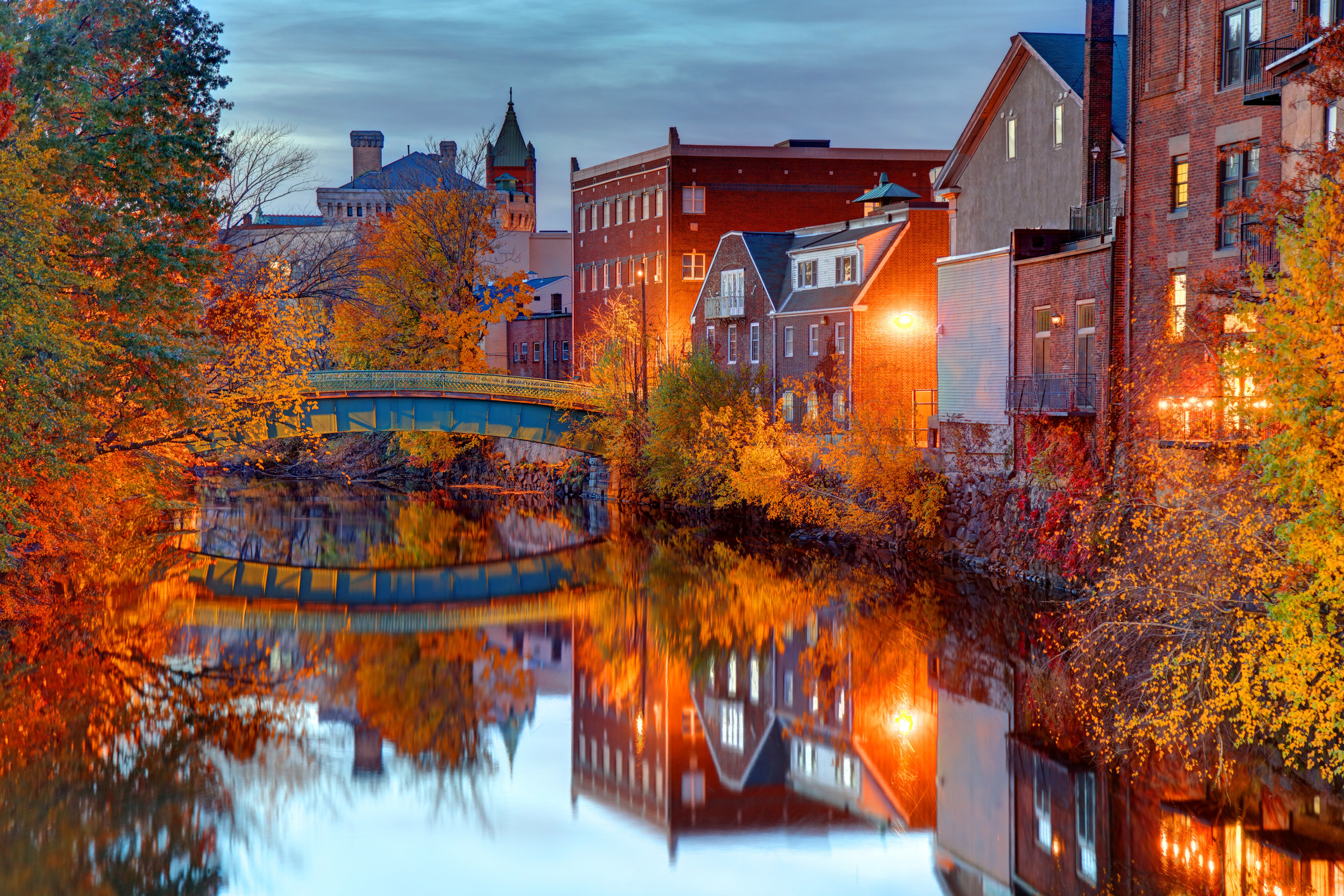 Brick buildings and a foot bridge in Medford