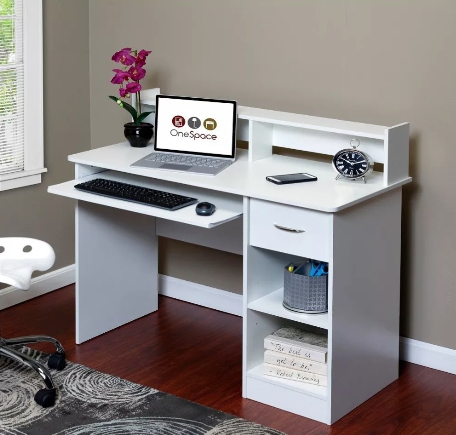 White desk with pull-out keyboard drawer, side shelf and back hutch