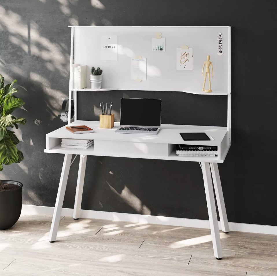 the white desk with a laptop on it