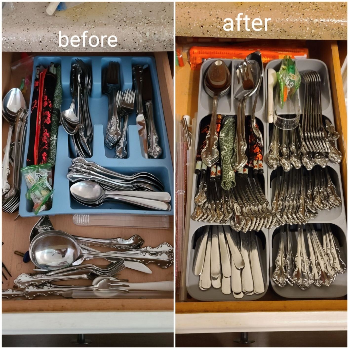 A reviewer&#x27;s before/after of a messy drawer with a traditional organizer vs two of these holding more silverware