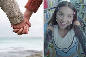 On the left, a couple holding hands, and on the right, Olivia Rodrigo smiling in the aisle of a grocery store in the Good 4 U music video
