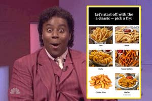 Kenan Thompson looking surprised with a sample question about fries